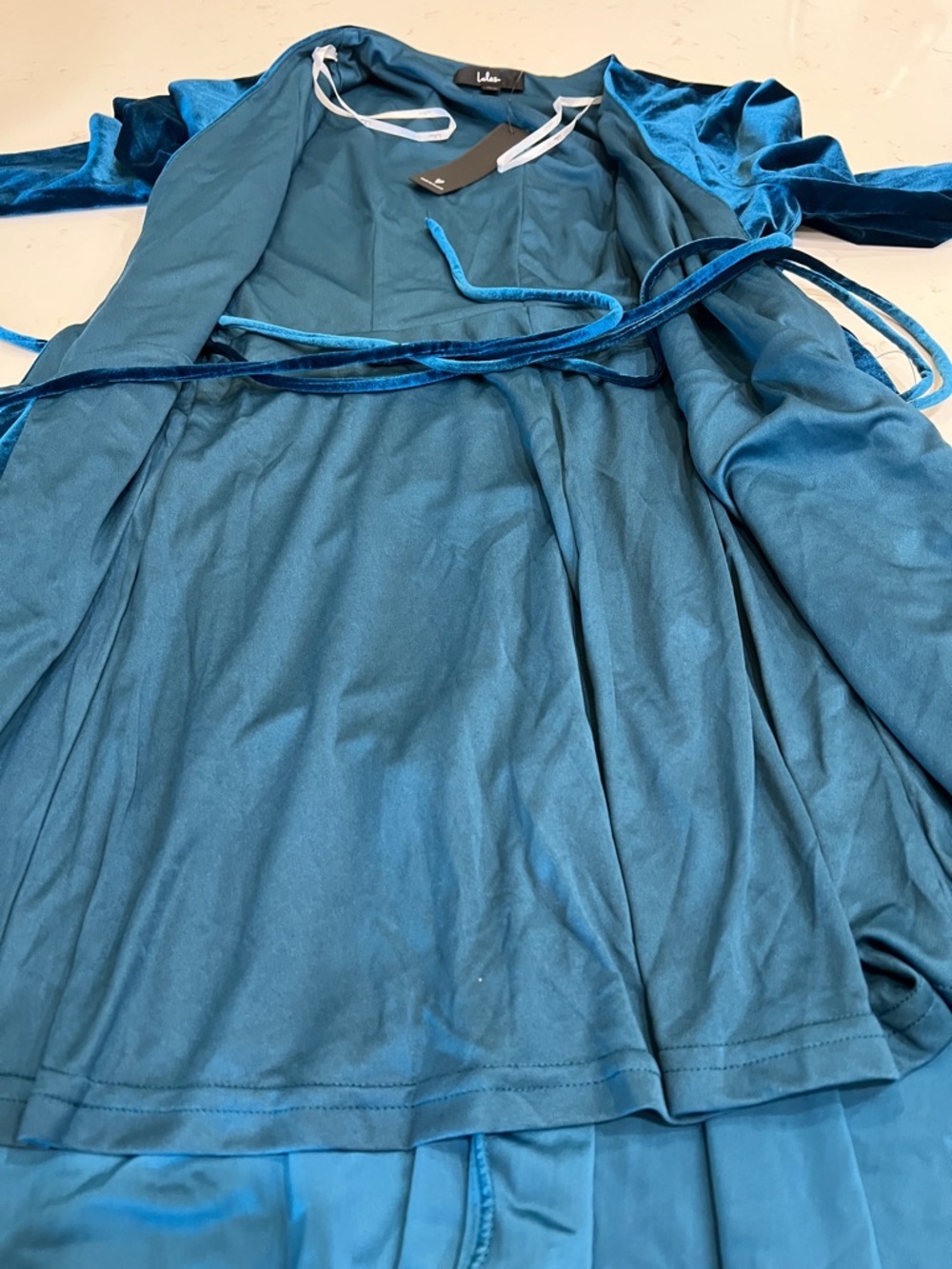 Lulus Jacinda Velvet Wrap Formal Maxi Dress Teal Long Sleeve Gown Size L NWT - Picture 6 of 12
